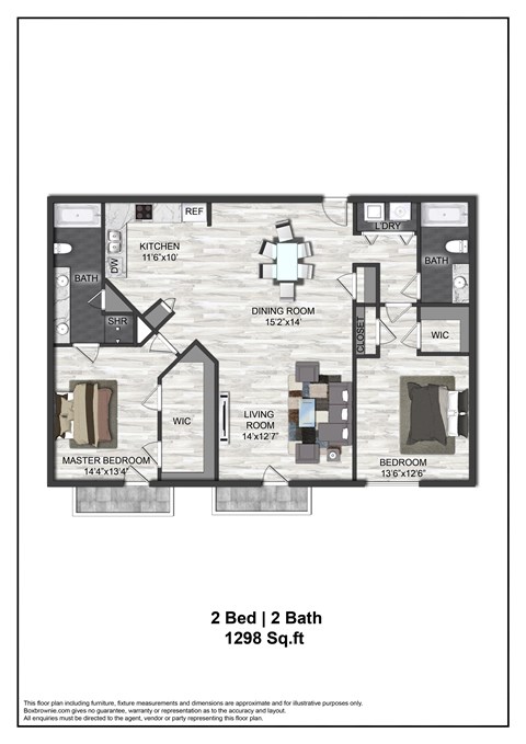 A floor plan of a 2 bedroom, 2 bath house.